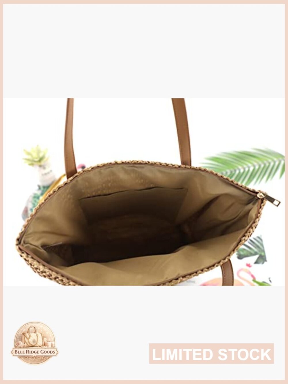 Straw Tote Bag Large Summer Beach Shoulder Bag with Zipper - Picture 5 of 7